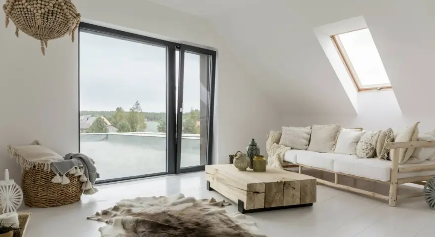Salotto con divano bianco, tavolino grezzo e tappeto in pelle. Lampadario in perline e cesto in vimini completano l'arredamento boho chic.