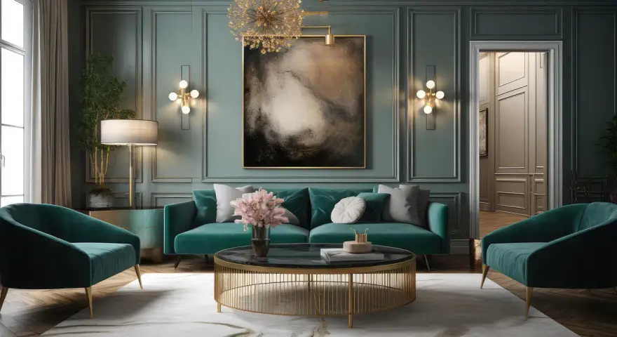 Elegante soggiorno con divano verde smeraldo, poltrone, tavolino dorato e un quadro astratto. L'arredamento vintage casa crea un'atmosfera sofisticata.