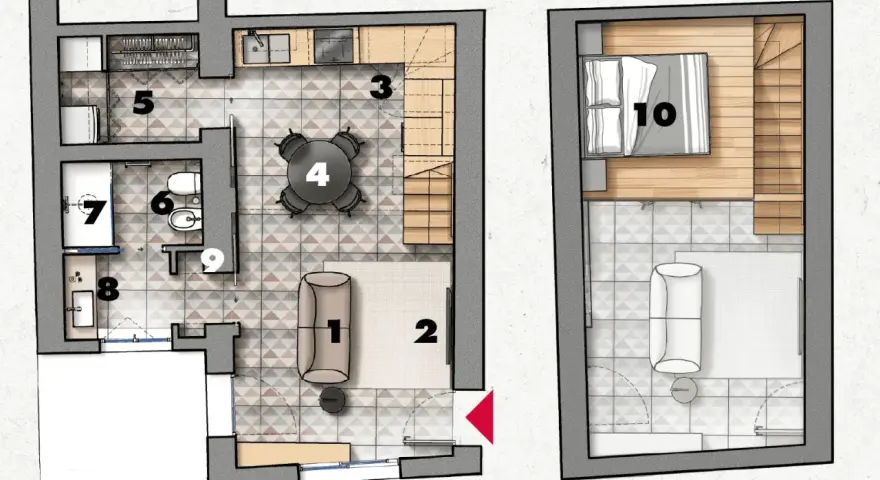 Pianta di un monolocale di 20 mq: zona giorno con divano (1) e tappeto (2), cucina (3), tavolo da pranzo (4), bagno (6, 7, 9), camera da letto soppalcata (10).