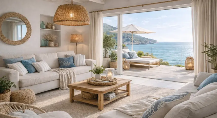 Accogliente salotto casa al mare con divani chiari, tavolino in legno e vista panoramica sull'oceano.