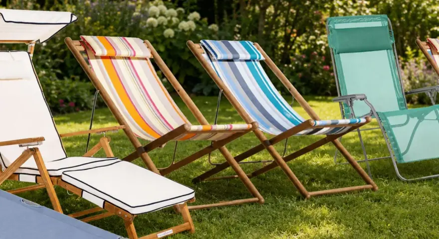 Diversi sdraio da giardino lettino colorati e bianchi, disposti sull'erba verde, pronti per il relax estivo.