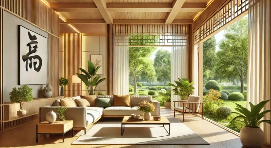 Soggiorno luminoso con divano angolare, tavolino in legno e vista su un giardino rigoglioso. L'arredamento feng shui crea un'atmosfera serena e armoniosa.
