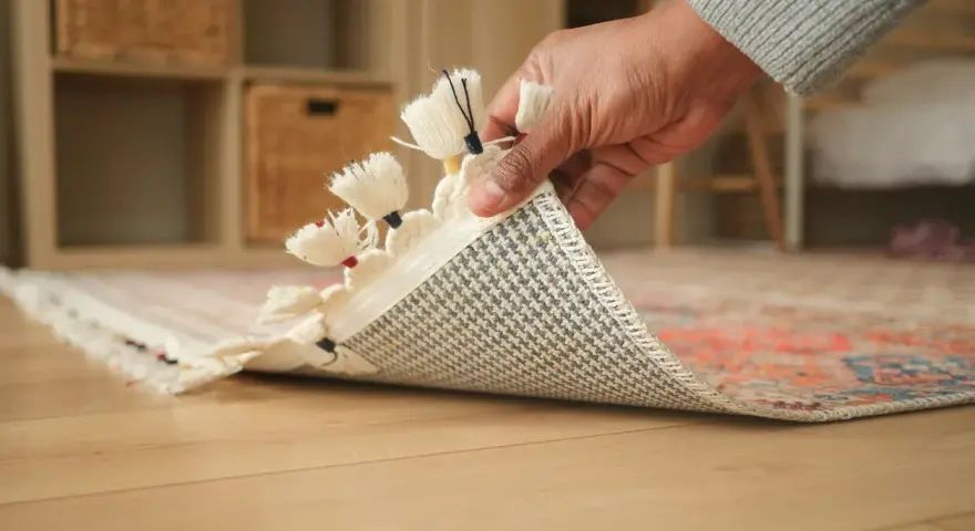 Mano che solleva un tappeto per mostrare il suo retro antiscivolo, perfetto per progetti fai da te e per evitare che scivoli.