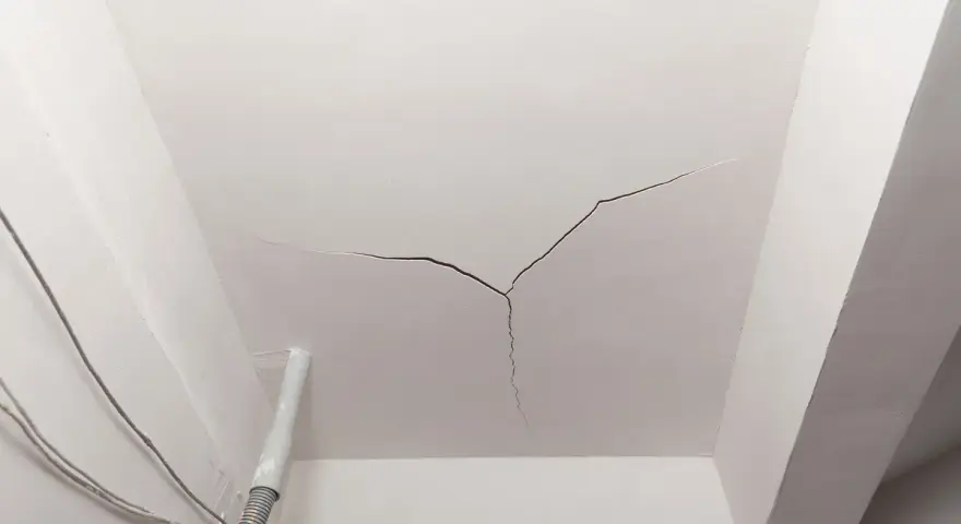 Crepe sul soffitto, un segno che il tempo o un problema strutturale sta lasciando il suo segno. Cavi elettrici e un tubo corrono lungo il muro.