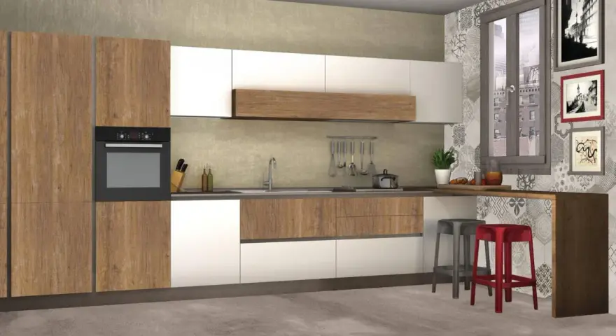 Cucina 10 mq rettangolare con mobili in legno e bianchi, piano di lavoro in pietra, sgabelli rossi e grigi, e una finestra con vista sulla città.