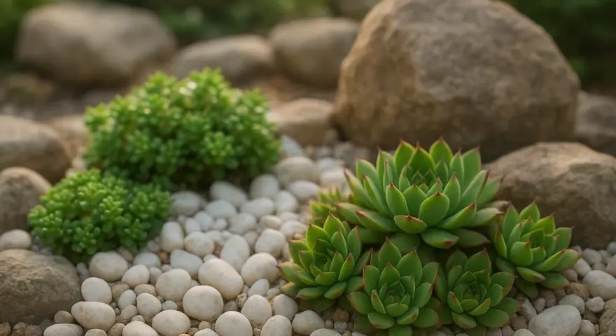 Aiuola piante grasse con rocce e ciottoli bianchi. Le succulente verdi spiccano tra i sassi.