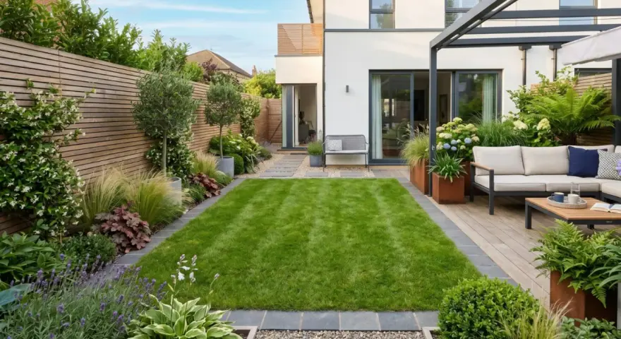 Un giardino moderno per una villetta, con prato verde, arredi esterni e piante rigogliose. Un progetto giardino villetta ben riuscito.