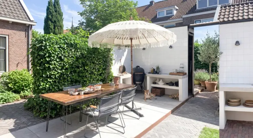 Accogliente zona barbecue esterna con tavolo in legno, sedie, ombrellone e un cane Shiba Inu che si rilassa.
