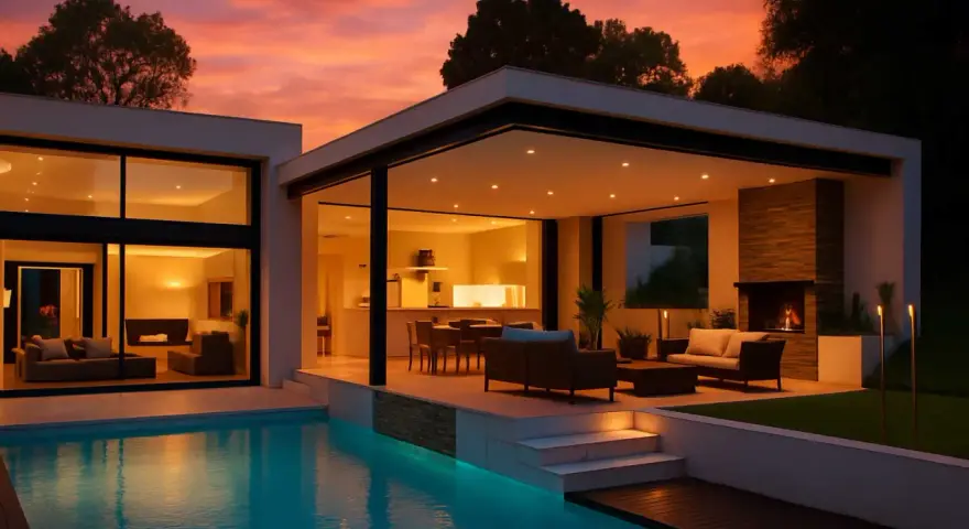 Un tramonto infuocato illumina queste case bellissime con piscina, camino e arredi esterni.