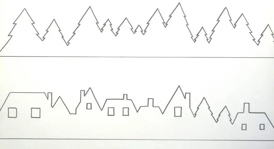 Disegni stilizzati di alberi di Natale e case con finestre quadrate, evocano un'atmosfera natalizia.