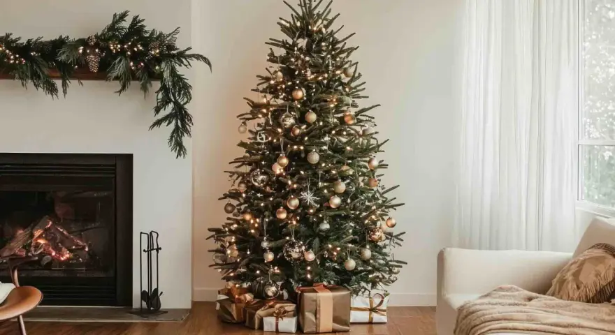 Un albero di Natale come addobbarlo: luci calde, palline dorate e regali sotto. Un camino acceso e una ghirlanda completano l'atmosfera festiva.