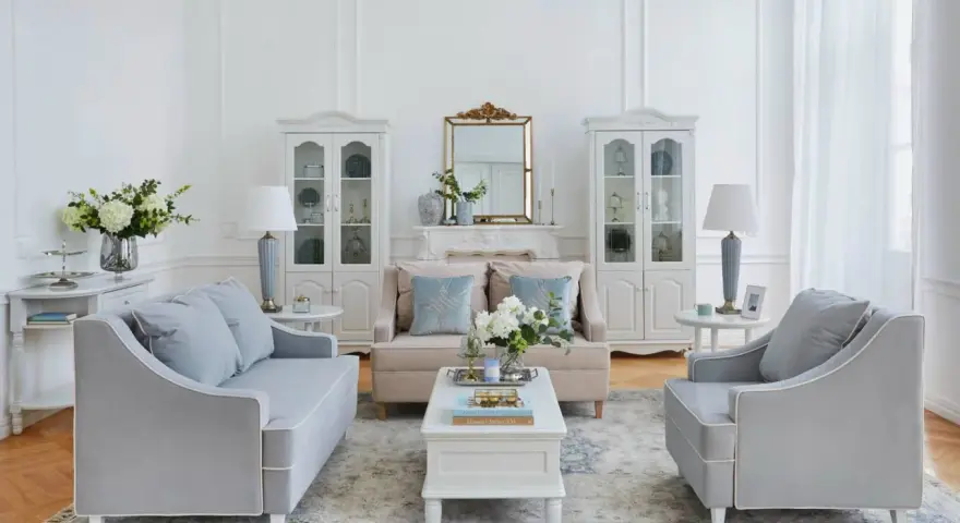 Salotto luminoso in stile shabby chic contemporaneo, con divani grigi, mobili bianchi e dettagli dorati.