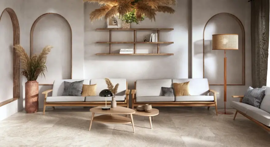 Soggiorno con divani in legno e tessuto, tavolini in legno, piante di pampas e lampada in rattan. Stili di arredamento contemporaneo con archi in nicchia.