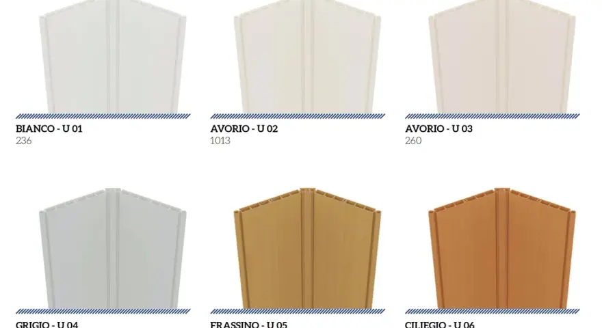 Sei pannelli di porta a soffietto in diverse colorazioni: bianco, avorio, grigio, frassino e ciliegio.