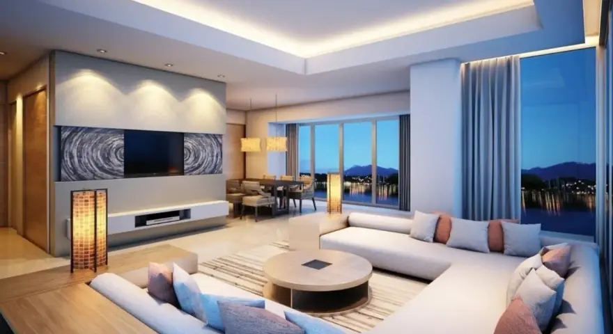 Luminoso soggiorno con divano angolare, tavolo da pranzo e splendida vista panoramica. Le **idee controsoffitto** con illuminazione integrata creano un'atmosfera accogliente.