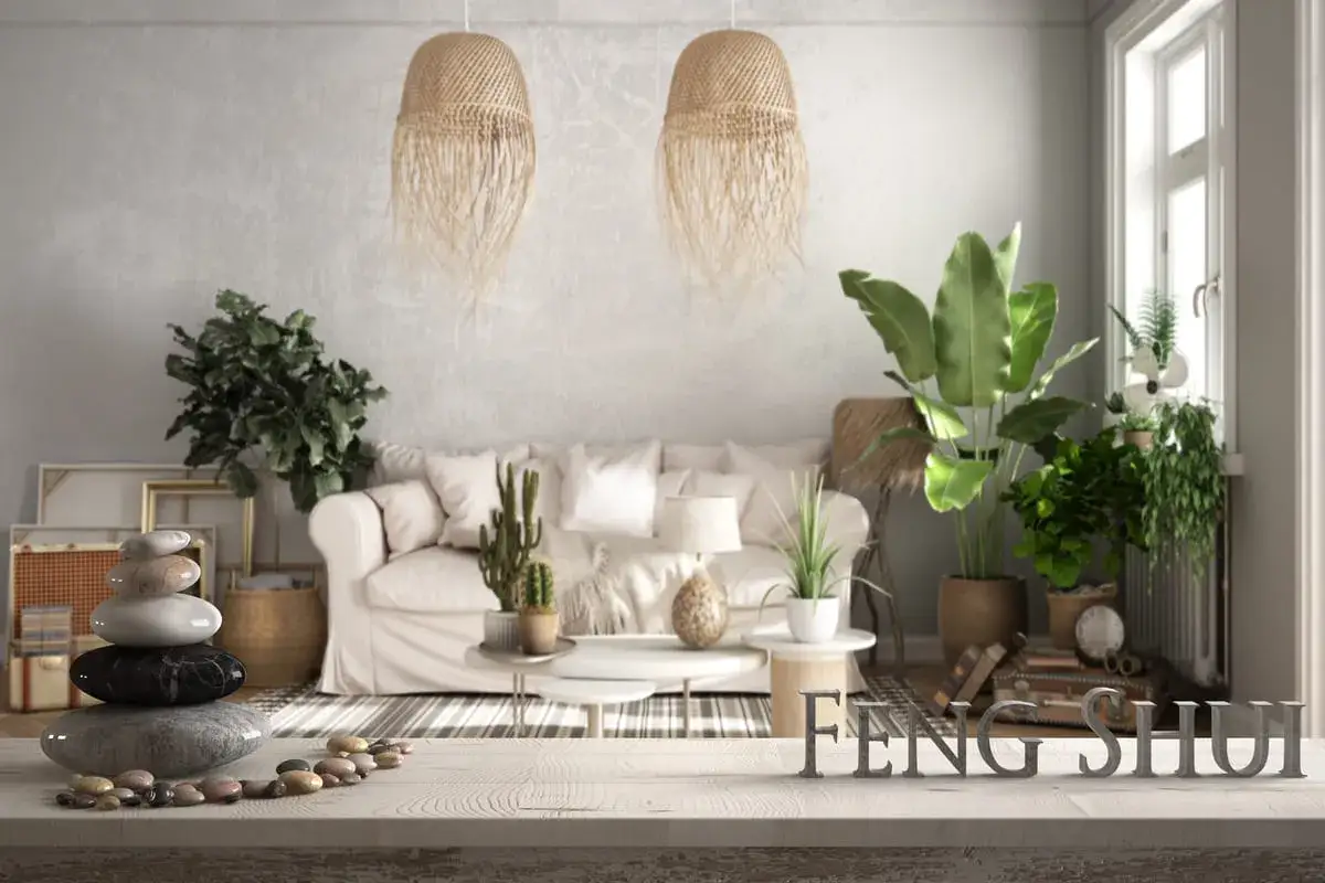 Un salotto accogliente con divano bianco, piante rigogliose e pietre impilate. L'arredamento feng shui crea un'atmosfera serena.