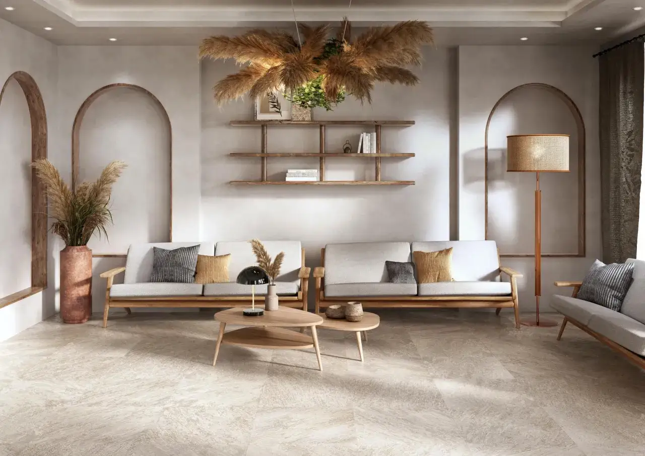 Soggiorno con divani in legno e tessuto, tavolini in legno, lampada da terra in rattan e decorazioni naturali. Un perfetto esempio di arredamento moderno contemporaneo.