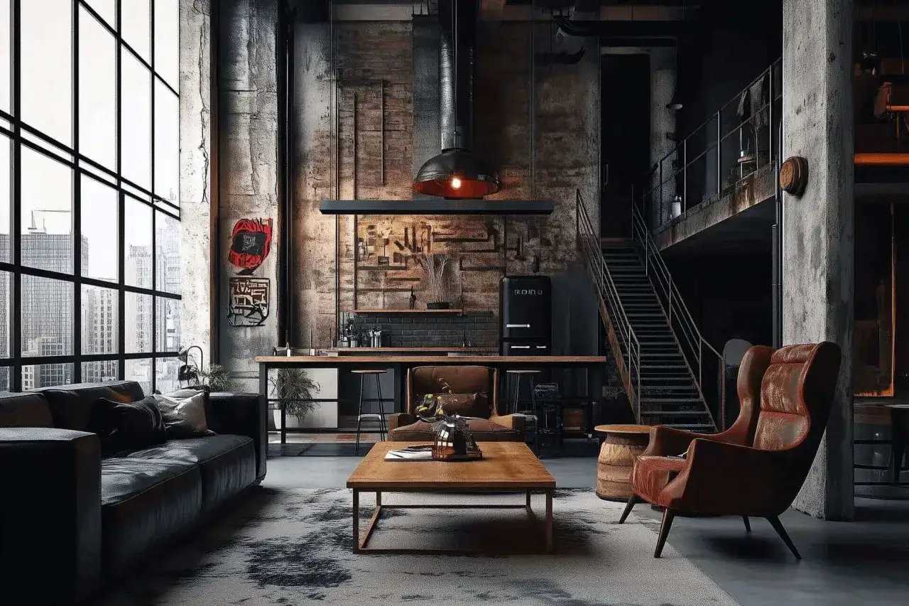 Ampio soggiorno stile industriale con divano in pelle, poltrone vintage, cucina a vista e scala metallica.