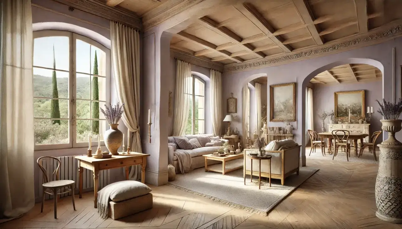 Interno di una casa provenzale con soffitti in legno, divani accoglienti, un tavolo da pranzo e ampie finestre che si affacciano su un paesaggio verdeggiante.