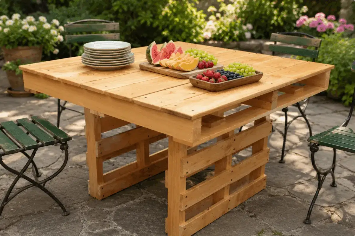 Tavolo con pallet fai da te, pronto per un picnic estivo con frutta fresca e piatti impilati.