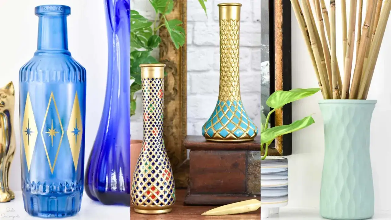 Vasi decorati con motivi geometrici e colori vivaci, perfetti per un progetto di dipingere il vetro fai da te.