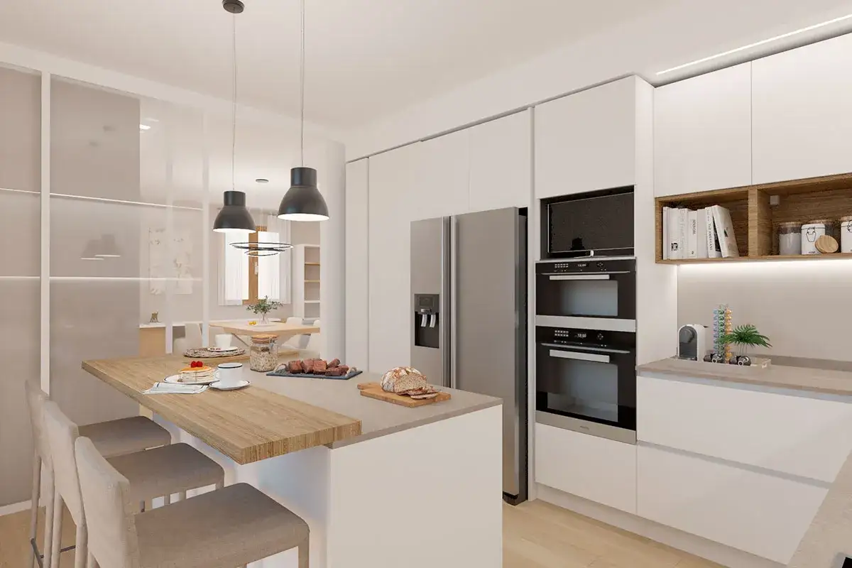Cucina moderna e funzionale, perfetta per chi cerca idee su come arredare una casa piccola. Isola con bancone, elettrodomestici integrati e soluzioni salvaspazio.