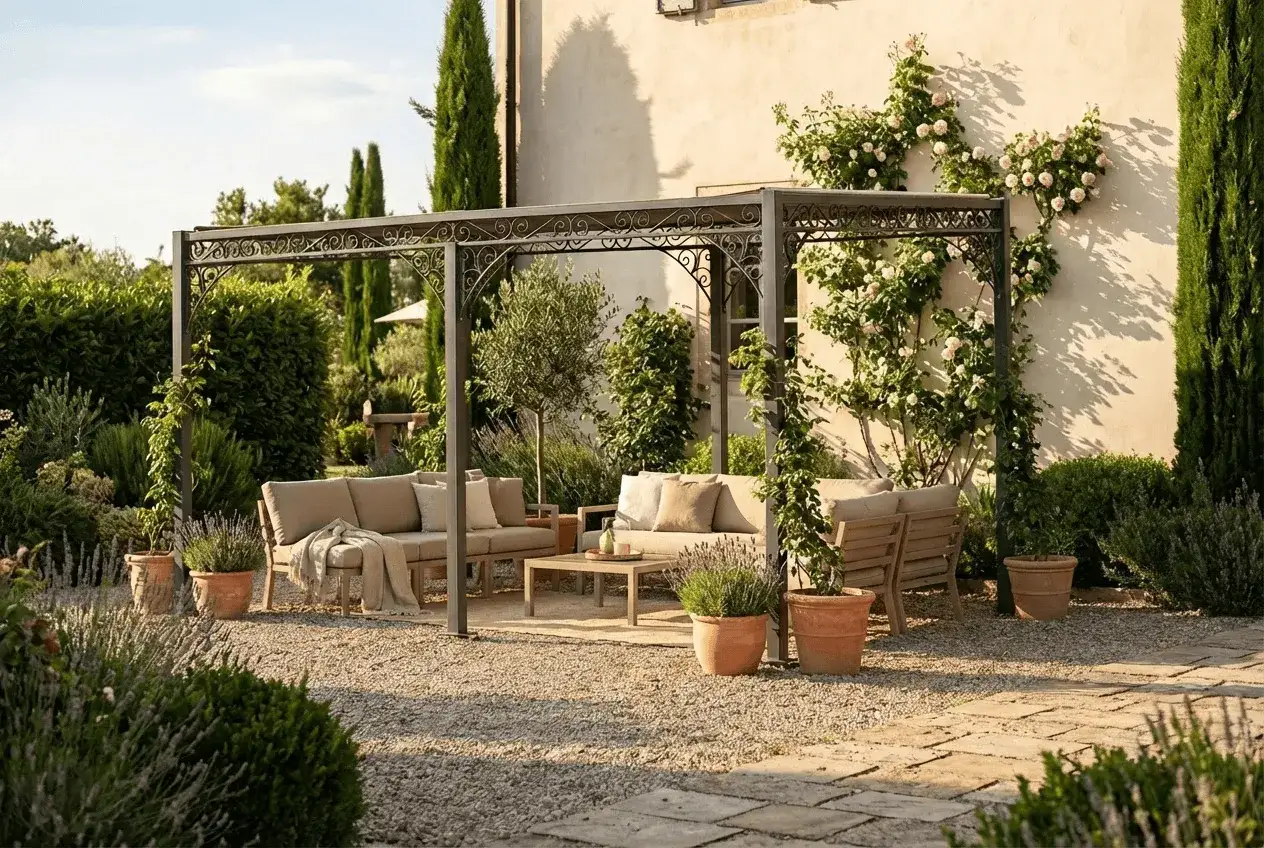 Un angolo relax con divani sotto un pergolato decorato da rose rampicanti. Un'oasi verde con cipressi e piante mediterranee, perfetta per idee giardino con palme.