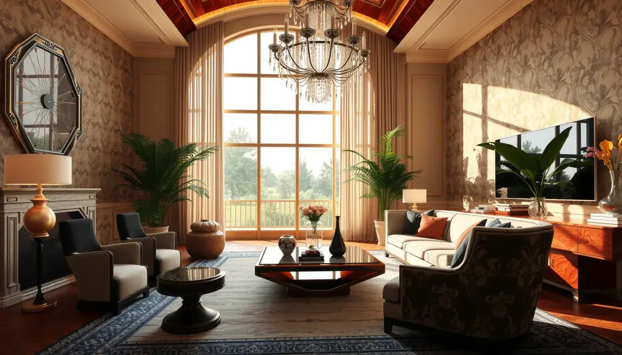 Elegante soggiorno con un divano chiaro, poltrone, un tavolino geometrico e un grande specchio decorativo. L'arredamento in stile art deco crea un'atmosfera lussuosa.