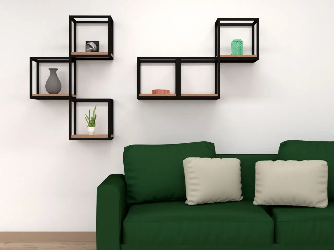 Moderne mensole a cubo nere con ripiani in legno, perfette per mostrare oggetti decorativi. Ecco come posizionare i cubi a muro per un look accattivante.