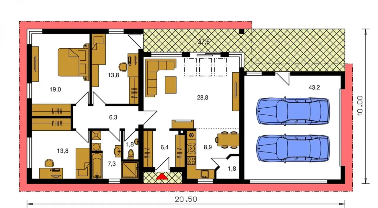 Planimetria con due auto nel garage. Le dimensioni del garage doppio sono indicate da 43,2 m&sup2;.