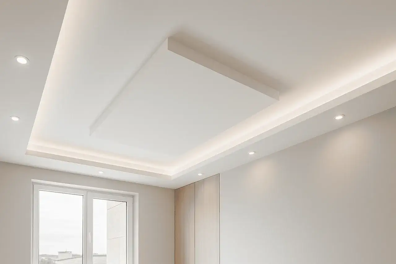 Controsoffitto moderno con faretti incassati e suggestive strisce led che creano un'atmosfera accogliente.