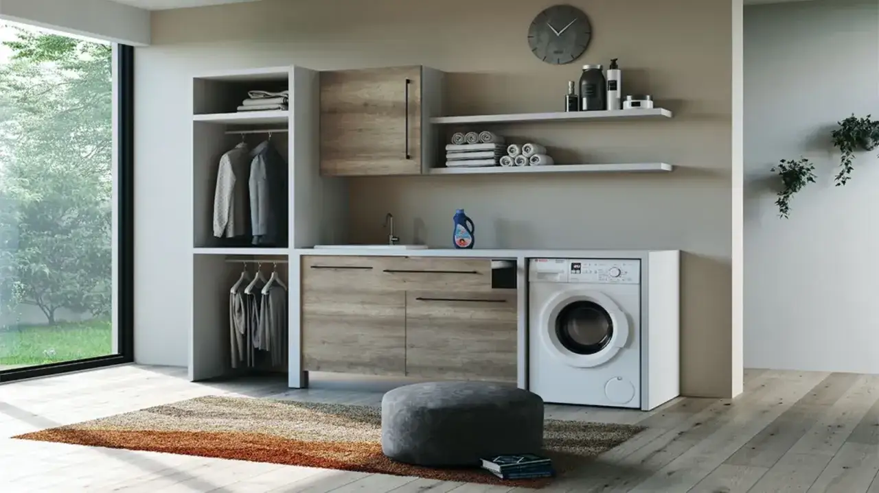 Moderna stanza lavanderia con lavatrice, lavabo, armadi e appendiabiti. Belle idee per organizzare lo spazio.