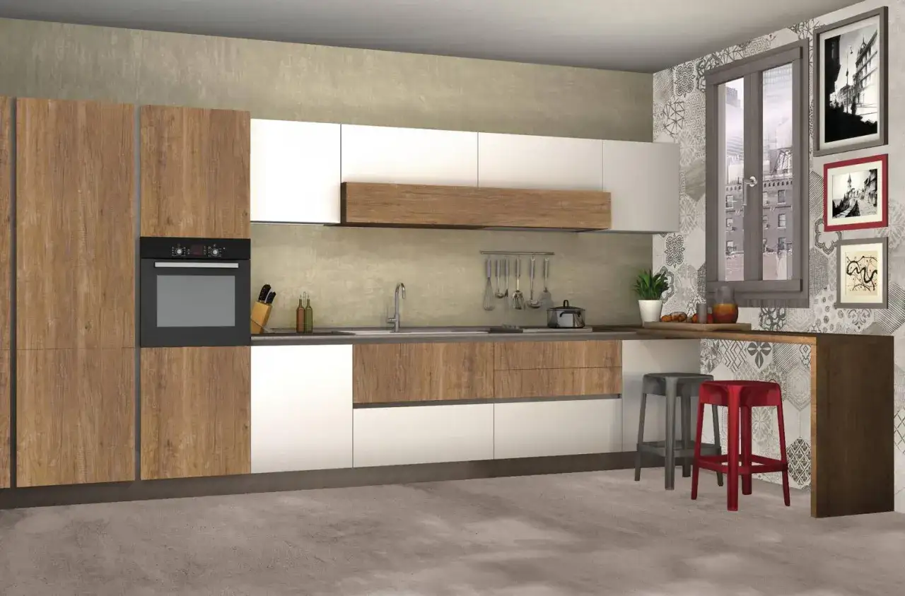 Modern kitchen with wood and white cabinets, oven, sink, and a breakfast bar with stools.