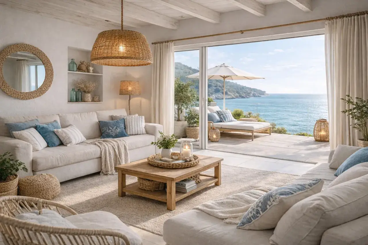 Accogliente soggiorno in casa stile mare, con divani chiari, tavolino in legno e vista panoramica sul mare.