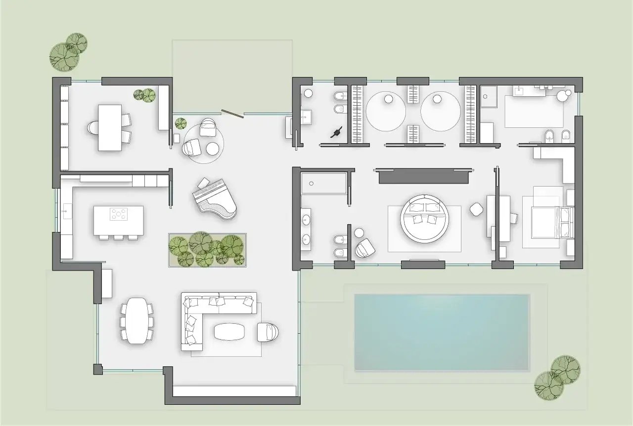 Planimetria villa su un piano con cucina, sala da pranzo, soggiorno con pianoforte, suite padronale con letto rotondo e piscina.
