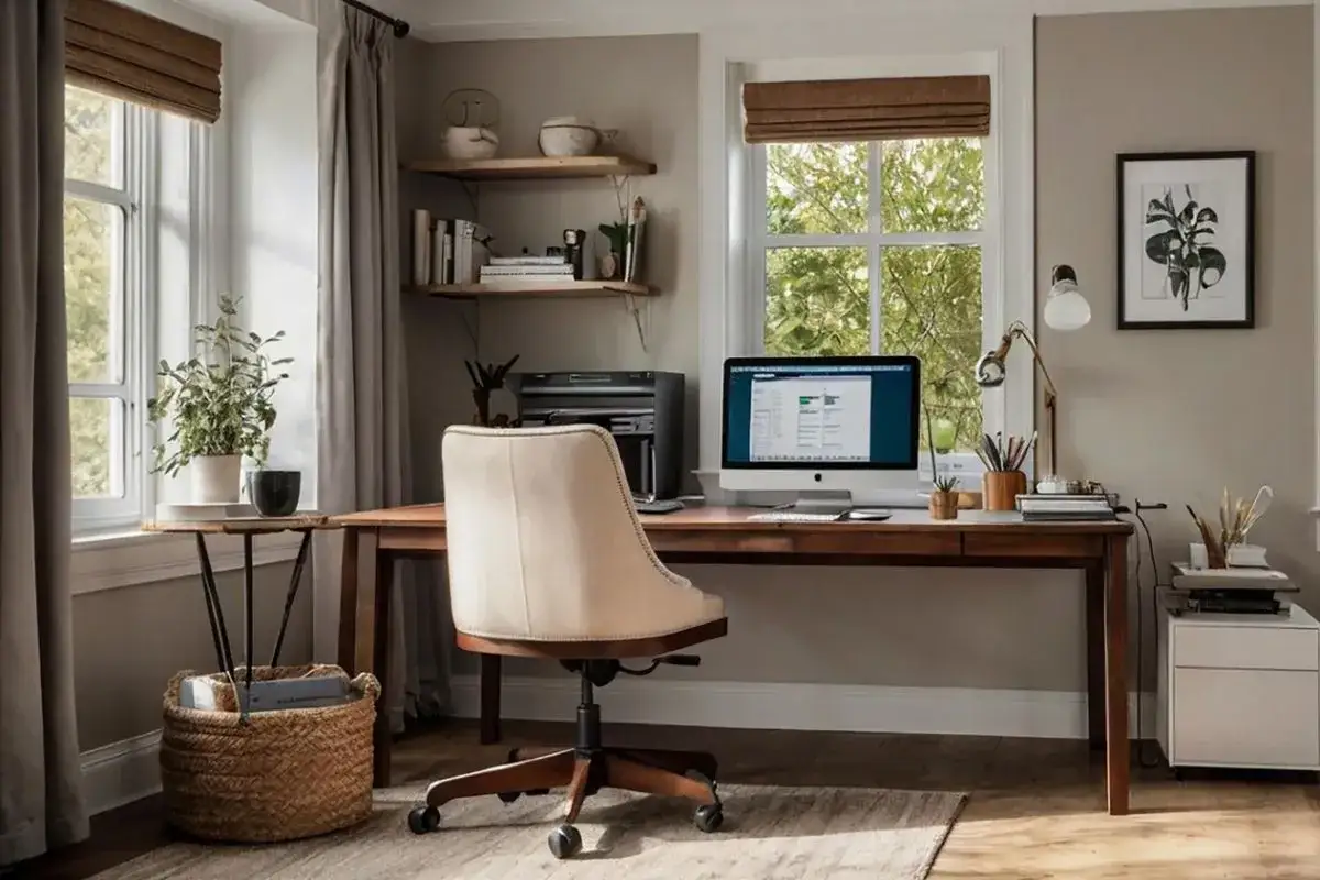 Accogliente angolo studio con scrivania in legno, sedia imbottita, computer e piante. Luce naturale entra dalla finestra.