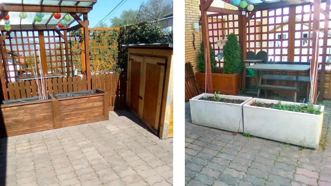 Idee con bancali per giardino: fioriere in legno e cemento, pergolato e capanno.