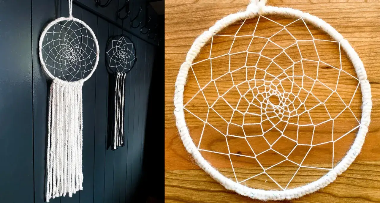 Acchiappasogni fai da te bianchi e neri, con fili intrecciati e frange lunghe, perfetti per decorare la tua stanza.