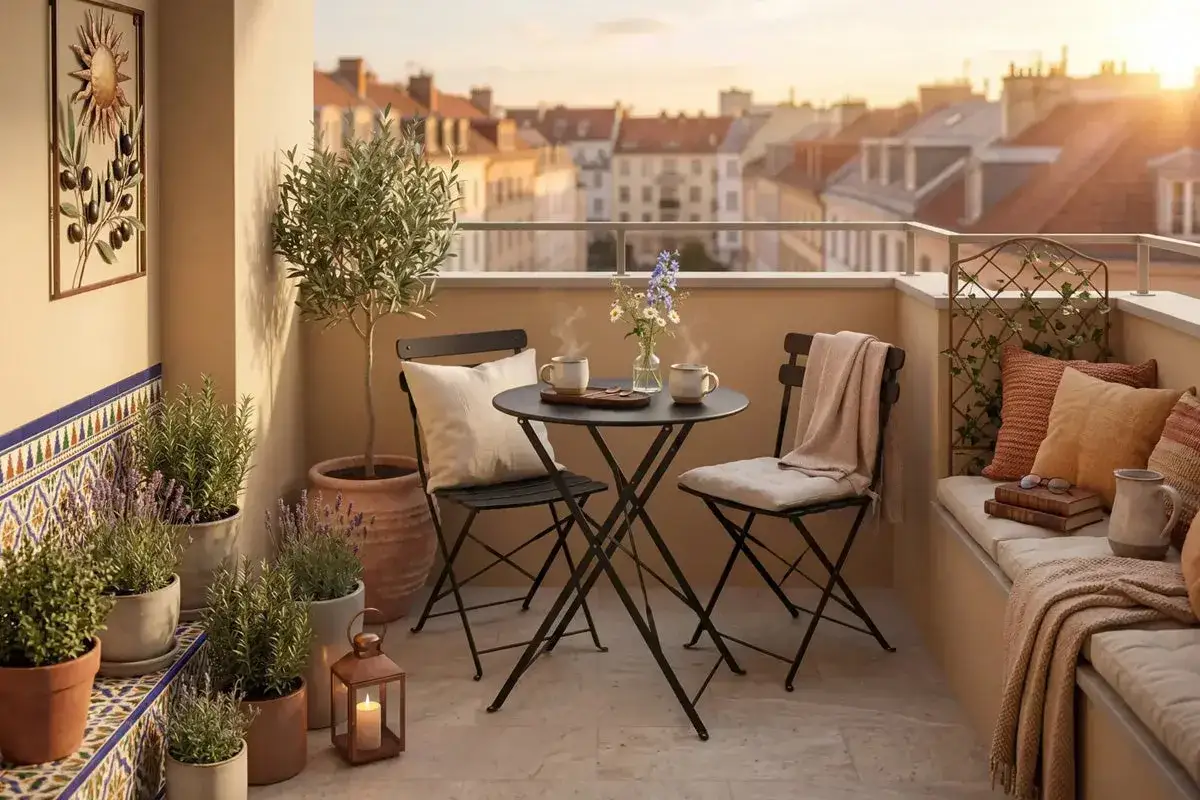 Idee veranda piccola: un balconcino accogliente con tavolino, sedie, piante e vista sui tetti al tramonto.