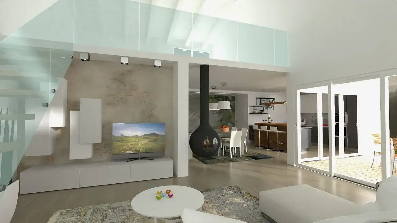 Interno di villette moderne con camino sospeso, cucina a vista e soggiorno con TV.