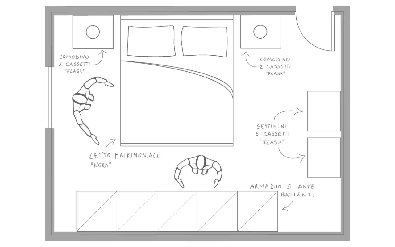 Disegno di una camera da letto con letto matrimoniale, comodini, settimanile e armadio. Le misure del letto sono indicate.