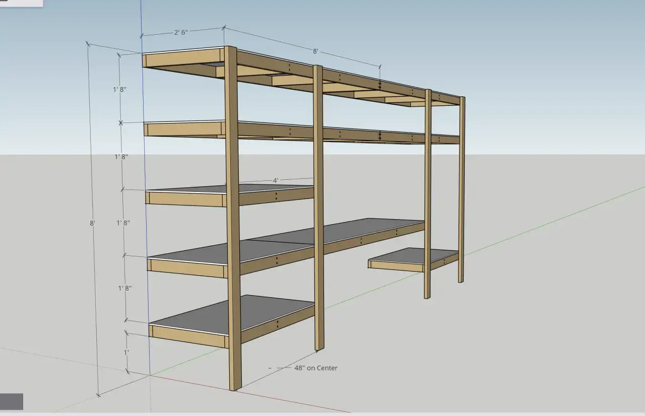 Progetto per scaffali fai da te garage: struttura in legno a pi&ugrave; ripiani, alta 8 piedi, profonda 2 piedi e 6 pollici, con ripiani distanziati di 1 piede e 8 pollici.