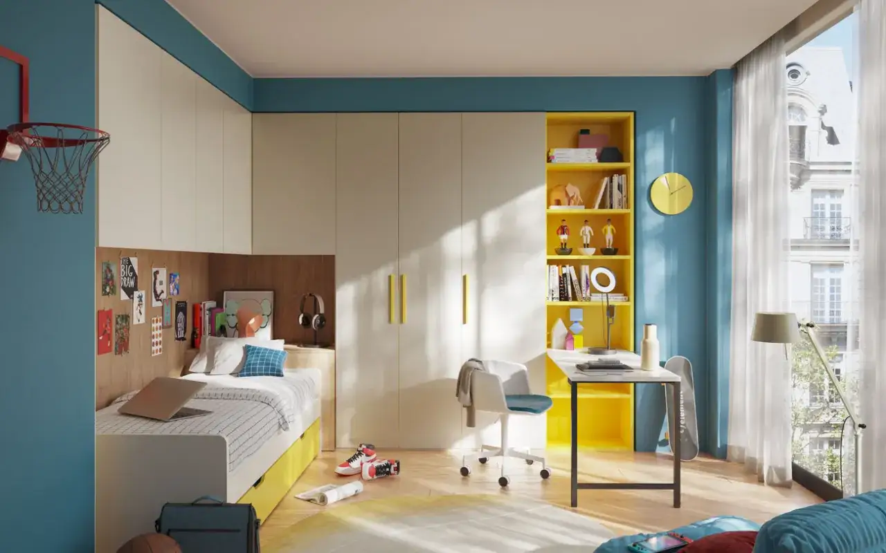 Un progetto cameretta piccola con letto, scrivania, libreria gialla e armadio. Perfetto per un adolescente.