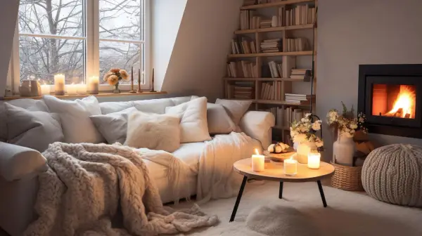 Un accogliente salotto con camino acceso, divano bianco e coperte morbide. Un'atmosfera da **casa aesthetic** perfetta per rilassarsi.