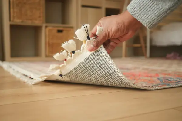 Mano che solleva un tappeto per mostrare il suo retro antiscivolo, perfetto per progetti fai da te e per evitare che scivoli.