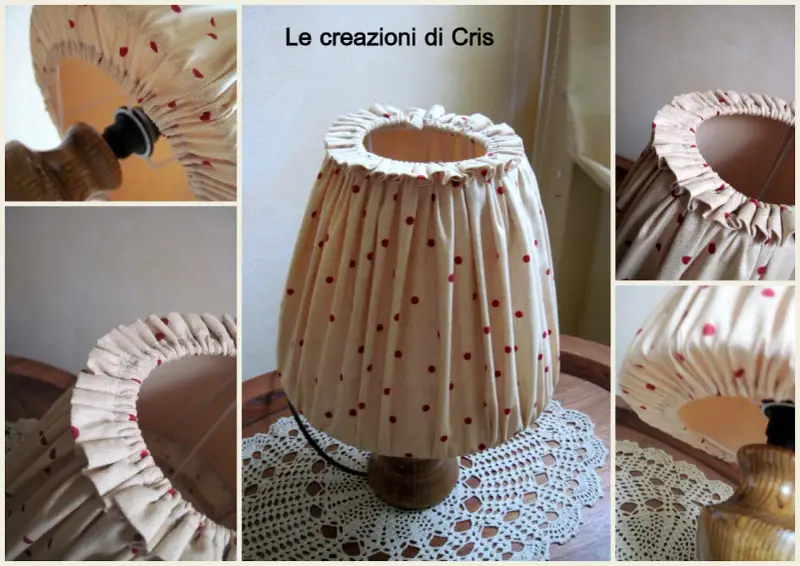 Paralume fai da te stoffa beige a pois rossi, con bordo arricciato. Le creazioni di Cris.